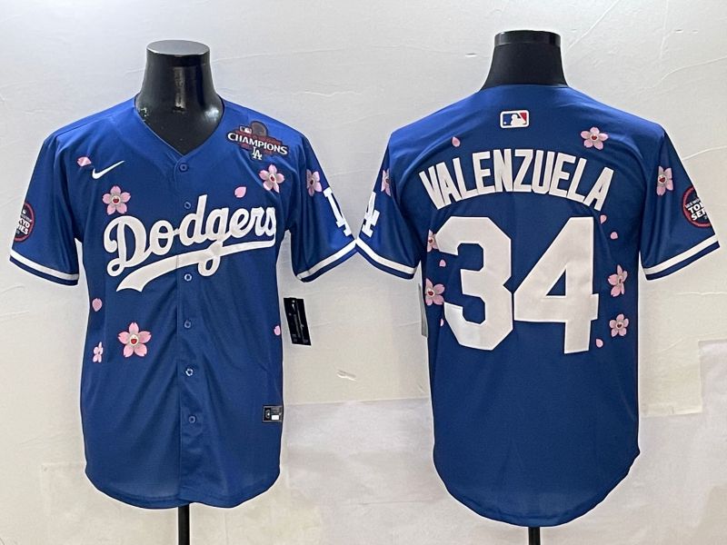 Men Los Angeles Dodgers #34 Valenzuela Blue Sakura Edition 2025 Nike MLB Jersey style 5->los angeles dodgers->MLB Jersey